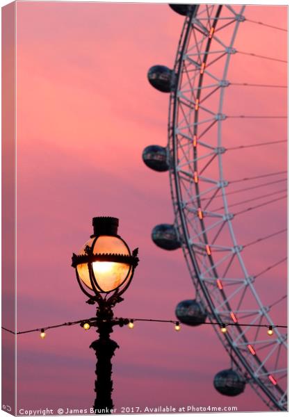 London Eye and Old Fashioned Street Lamp at Sunset Canvas Print by James Brunker