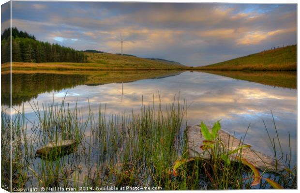 Wind Turbine and Lake Reflections Canvas Print by Neil Holman