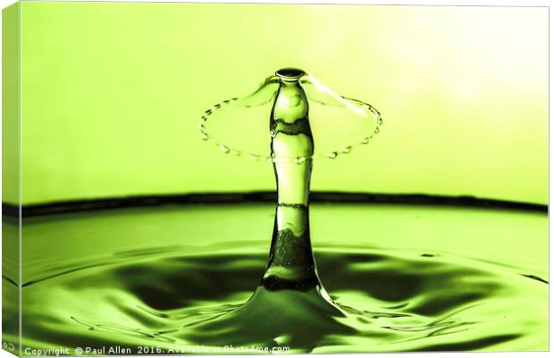 water drop collision in green. Canvas Print by Paul Allen