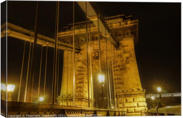 Budapest, Hungary night view detail of Szechenyi Chain bridge. Canvas Print by Theocharis Charitonidis