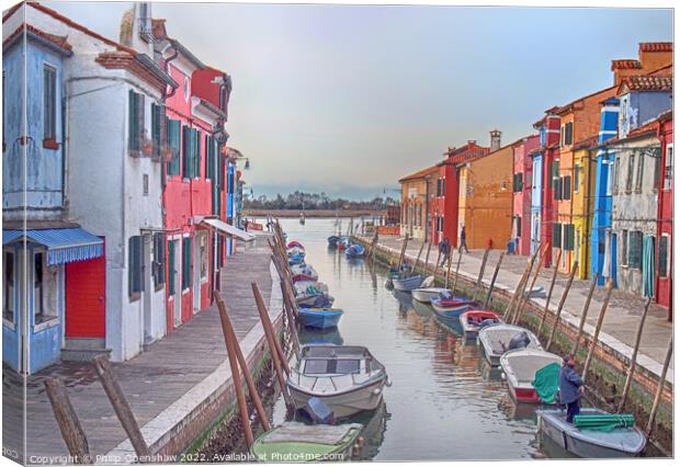 Burano - Canal houses and boats Canvas Print by Philip Openshaw