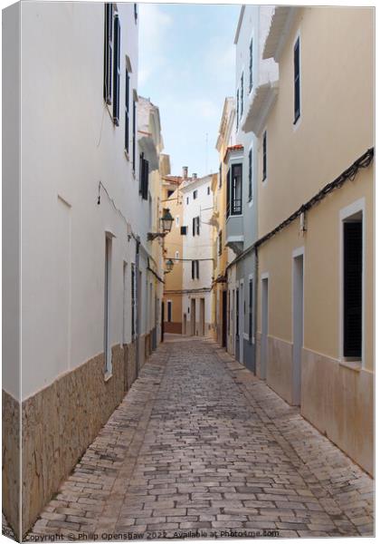 Cobbled Street in Ciutadella Canvas Print by Philip Openshaw
