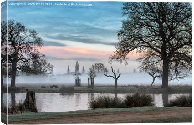 Misty over pond Canvas Print by Kevin White