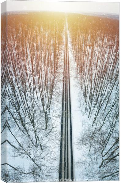 Road through winter forest towards setting sun Canvas Print by Łukasz Szczepański