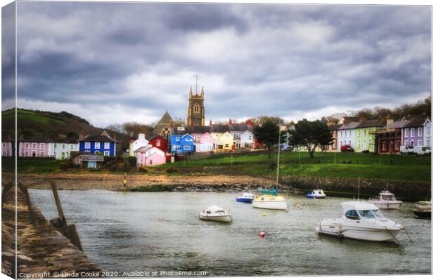 Aberaeron Harbour and Church Canvas Print by Linda Cooke