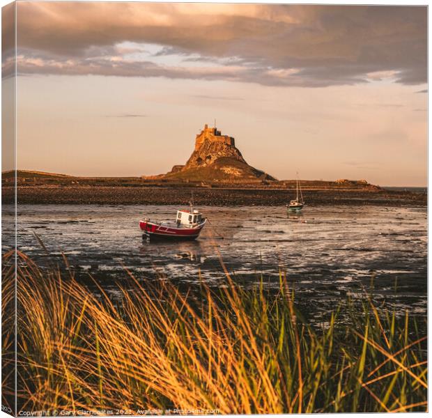Lindisfarne Castle at Low Tide Canvas Print by Gary Clarricoates