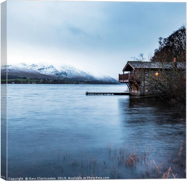 Boathouse in Winter Canvas Print by Gary Clarricoates