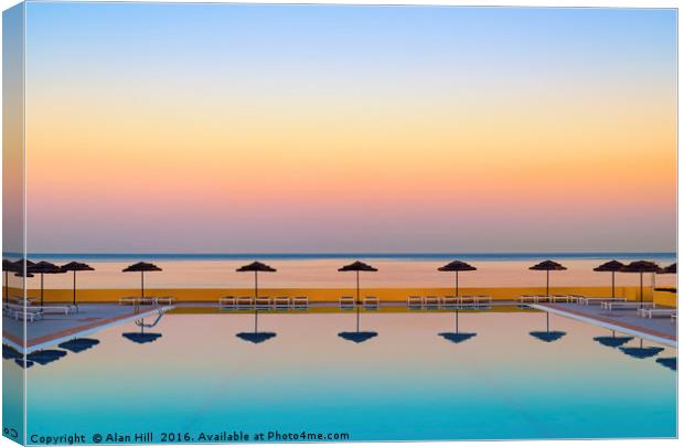 Serene Sunset over a becalmed swimming pool on Rho Canvas Print by Alan Hill