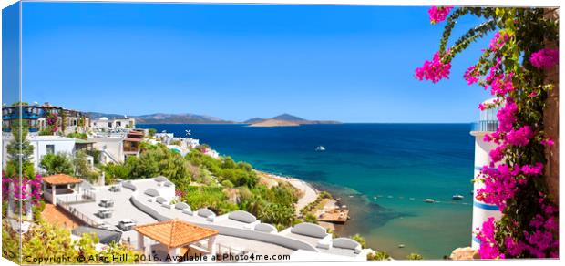 Beautiful flowers frame a sea view of Ortakent, Bo Canvas Print by Alan Hill