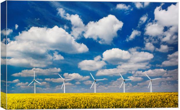 Wind turbines in a field under blue skies Canvas Print by Alan Hill