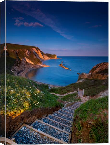 Jurassic coast and Durdle Door in Dorset at sunset Canvas Print by Alan Hill