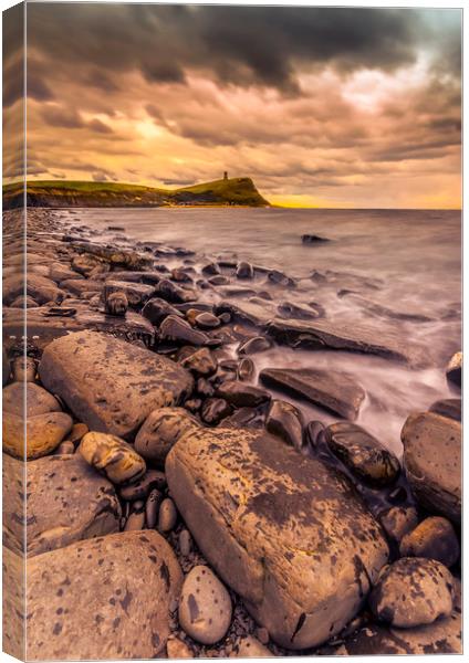 Rocks and ledges of Kimmeridge Bay at sunset Canvas Print by Alan Hill