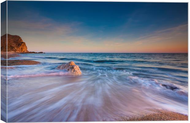 Serene South Dorset Beach and Sea at Sunset  Canvas Print by Alan Hill