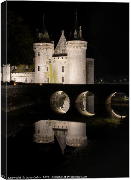 Night Reflections of Château de Sully-sur-Loire and the surrounding moat, Sully-sur-Loire, France  Canvas Print by Dave Collins