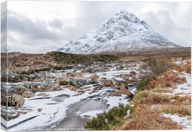 Partly frozen River Coupall with Buachaille Etive Mor and Stob Deargin the background,  Glen Coe, Highlands, Scotland Canvas Print by Dave Collins