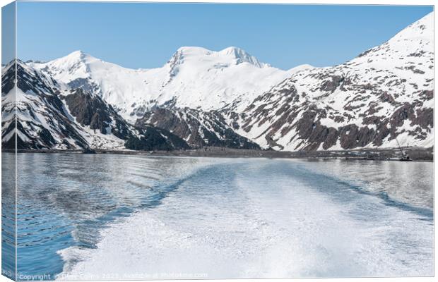 The wake of a boat and the mountains around Price William Sound, Alaska, USA Canvas Print by Dave Collins
