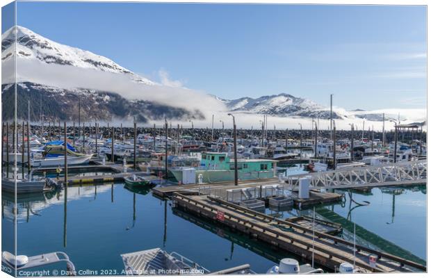 Outdoor Pleasure and Fishing boats in Whittier marina with clouds and mist hanging on the mountains behind, Alaska, USA Canvas Print by Dave Collins