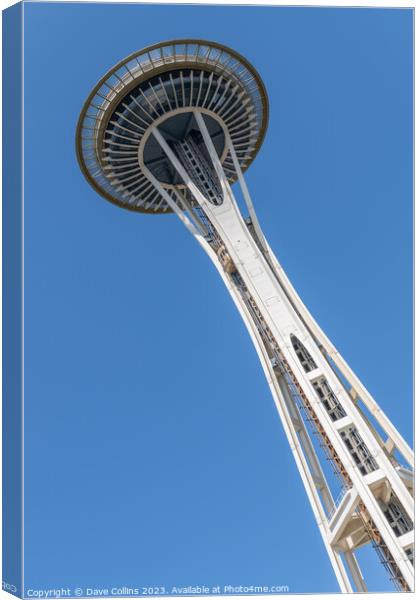 Dutch angle view of the Space Needle from Seattle Center, Seattle, Washington, USA Canvas Print by Dave Collins