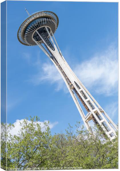 Dutch angle view of the Space Needle from Seattle Center, Seattle, Washington, USA Canvas Print by Dave Collins