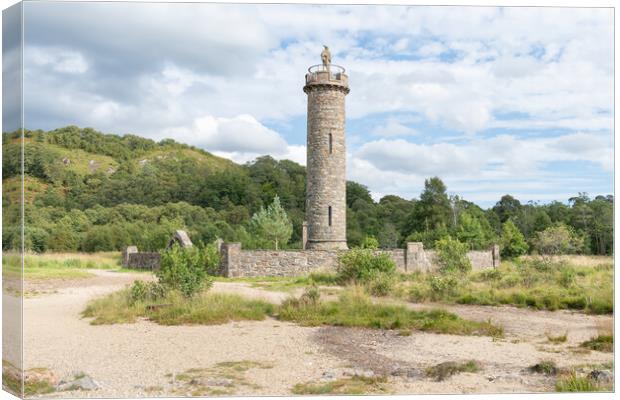 Statue of the Unknown Highlander at the top of the 1745 Jacobite rising memorial at Glenfinnan, Highlands, Scotland Canvas Print by Dave Collins