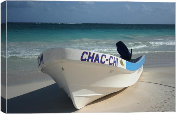Boat on a beach, Carribean sea, Tulum, Mexico Canvas Print by Larisa Siverina