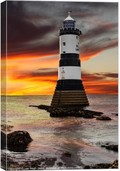 Penmon Point Lighthouse at Sunset Canvas Print by Len Pugh