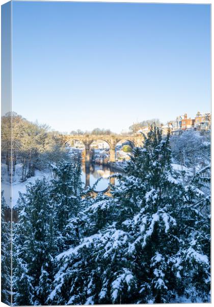 Winter snow sunrise over the river Nidd in Knaresborough, North Yorkshire. vertical Panoramic format. Canvas Print by mike morley