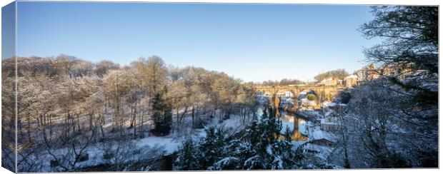 Winter snow sunrise over the river Nidd in Knaresborough, North Yorkshire. Panoramic format. Canvas Print by mike morley