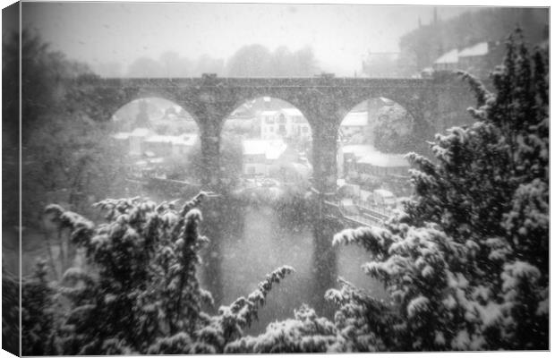 Winter snow storm over the railway viaduct at Knaresborough, North Yorkshire, UK Canvas Print by mike morley
