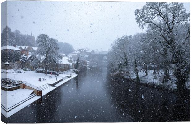 Winter snow over the river Nidd and famous landmark railway viaduct in Knaresborough, North Yorkshire Canvas Print by mike morley