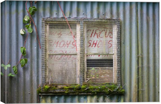Old circus poster in barn window. Canvas Print by Bryn Morgan