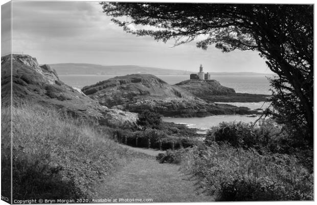 Mumbles lighthouse, black and white Canvas Print by Bryn Morgan