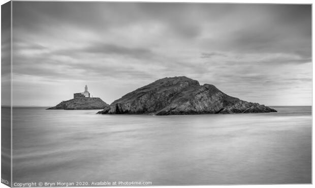 Mumbles lighthouse from Mumbles bay, black and white Canvas Print by Bryn Morgan