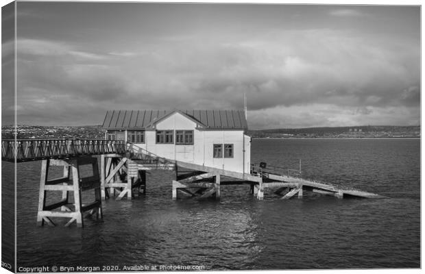 The old lifeboat house at Mumbles pier, black and white Canvas Print by Bryn Morgan