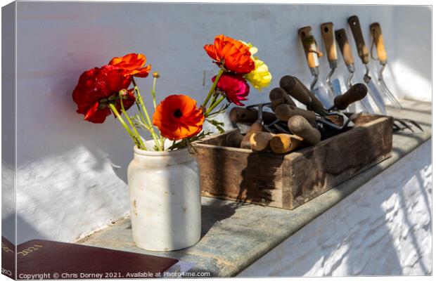 Flowers and Gardening Tools Canvas Print by Chris Dorney