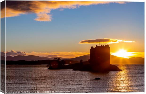 Sunset at Castle Stalker in the Scottish Highlands Canvas Print by Chris Dorney