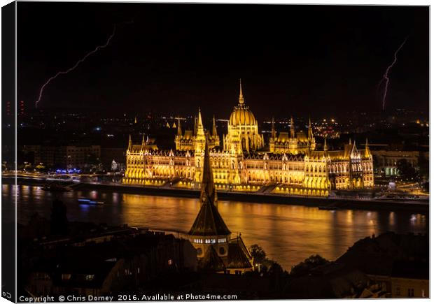 Hungarian Parliament Building and Lightning Canvas Print by Chris Dorney