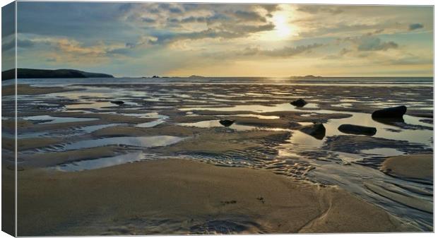 Sunset and low-tide at Porth Mawr                  Canvas Print by John Iddles