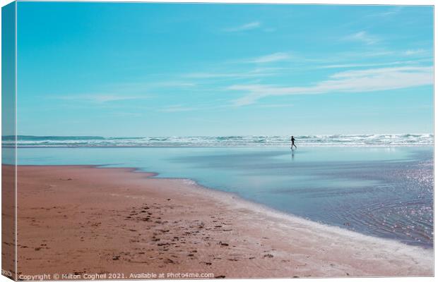 Silhouette of lone jogger on Mawgan Porth beach Canvas Print by Milton Cogheil