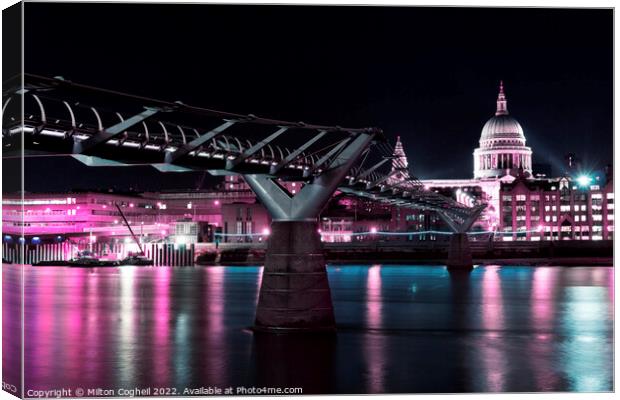 St Paul`s Cathedral and the Millennium Bridge at night Canvas Print by Milton Cogheil