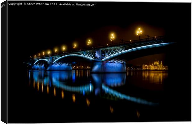  Floodlit Margaret Bridge, Budapest. Canvas Print by Steve Whitham