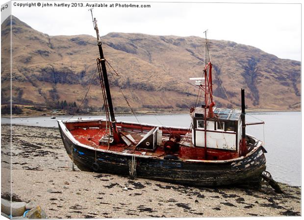 Old Beached Fishing Boat  Loch Linnhe Scotland Canvas Print by john hartley
