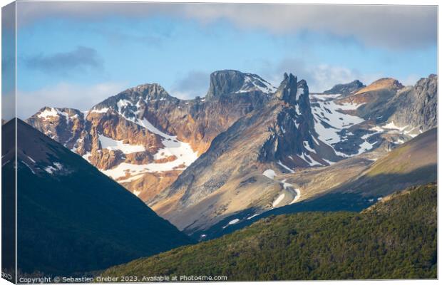 Mountains at sunset towering over the Beagle Channel, Argentina Canvas Print by Sebastien Greber