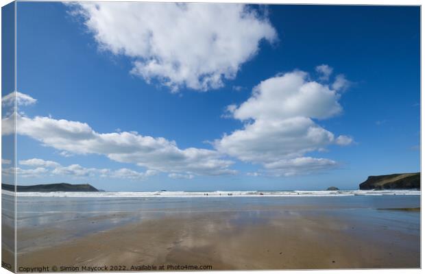 White clouds over Polzeath beach Canvas Print by Simon Maycock