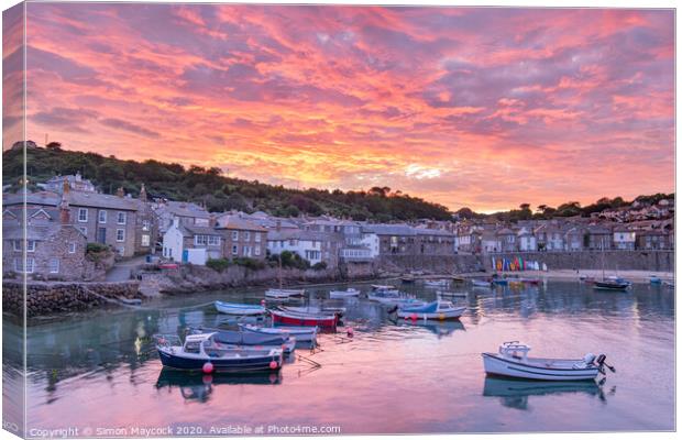 Fiery sunset at Mousehole Harbour Canvas Print by Simon Maycock