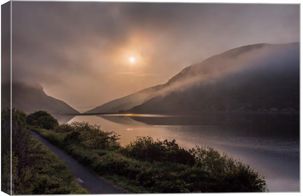 Mist over Caban Coch Reservoir, Elan Valley Canvas Print by Sorcha Lewis