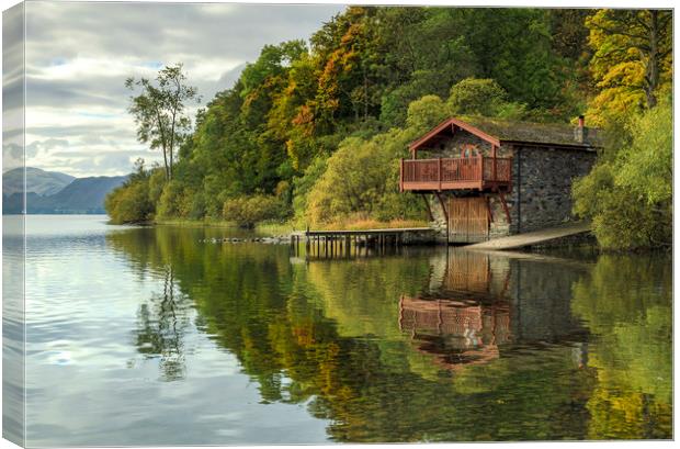 Pooley Bridge Boat House on Ullwater Canvas Print by John Hall