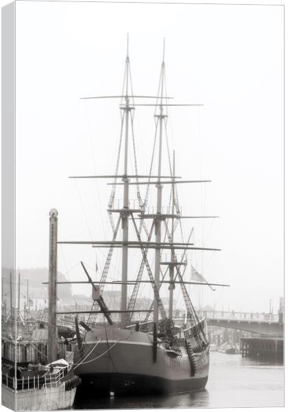 Whitby ship in mist Canvas Print by John Hall