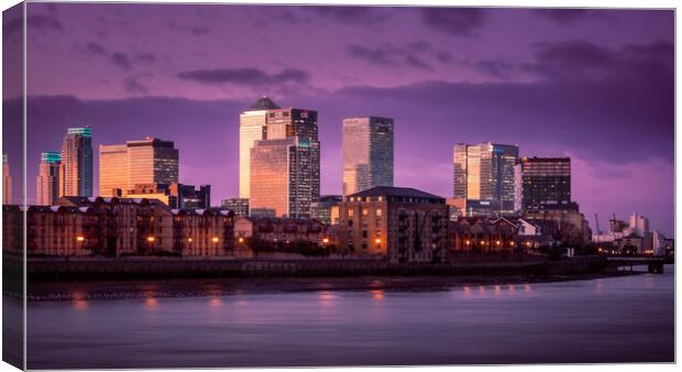 Tranquil Winter Sunset over Canary Wharf Canvas Print by John Frid