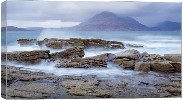 Waves breaking on rocks at Elgol on the Isle of Sk Canvas Print by John Frid